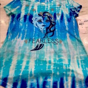 Frozen II “Justice” tie-dye tee shirt in blues with silver glitter, size 8. BNWT